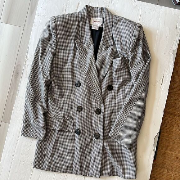 Double-Breasted Blazer Plaid Button Jacket Black Herringbone Vintage Size 6 Med - Picture 1 of 4